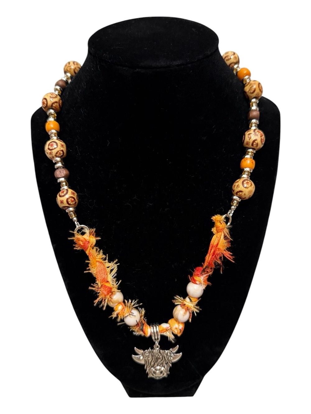 handmade Boho Orange Beaded Bandana Necklace with Highland Cow Charm